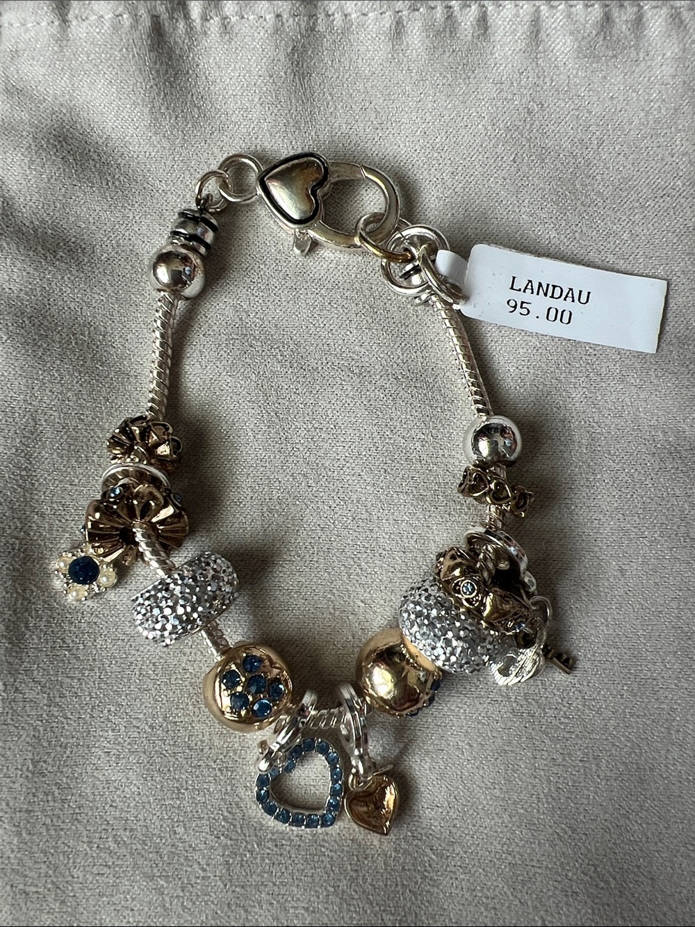 Landau Silver & Gold Charm Bracelet with Blue Heart Accents